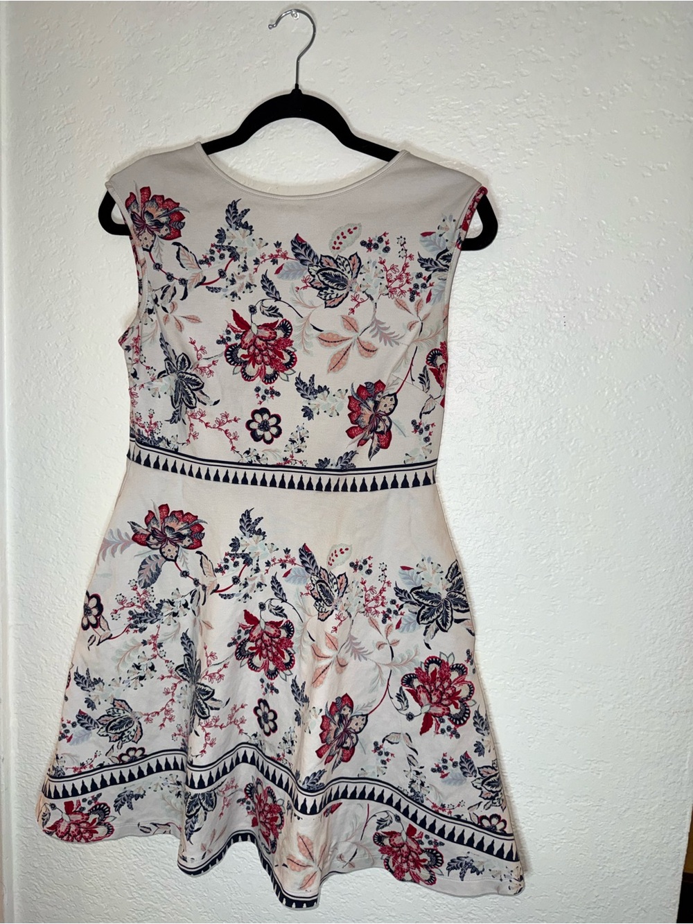 New York & Company Cream Floral Fit-and-Flare Dress with Red and Navy Accents